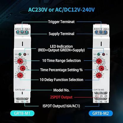 Multifunction Time Relay, 16A Delay ON Off GRT8-M1 AC DC 12-240V with 10 Relay Timer Control Delay Function Mode DIN Rail Electronic Relays of Wide Time Delay Range for 0.1 Seconds to 10 Days