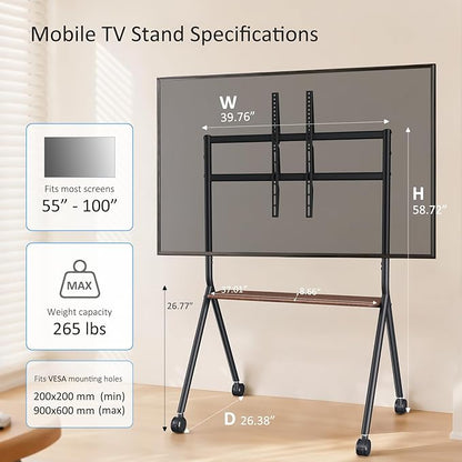 Smart Board Stand for 55-100 Inch Interactive Whiteboards,Flat&Curved TVs,Holds Up to 265lbs,Height Adjustable Smartboard Stand with Lockable Wheels for Office/Classroom/Home