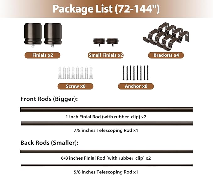 Double Curtain Rod 72 to 144 Inch, HOTOZON 1 Inch Heavy Duty Double Curtain Rods for Windows 60 to 140 Inches(5-11.6 ft), Telescoping Drapery Rod with Simple End Finials, Bronze