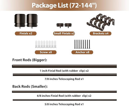 Double Curtain Rod 72 to 144 Inch, HOTOZON 1 Inch Heavy Duty Double Curtain Rods for Windows 60 to 140 Inches(5-11.6 ft), Telescoping Drapery Rod with Simple End Finials, Bronze