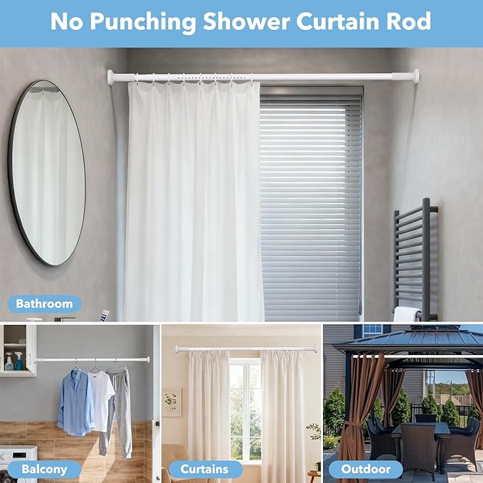 Tension Curtain Rod 51–128 In (4.25–10.67 ft),Extra Long Outdoor Curtain Rod for Window or Bathroom Patio,Easy to Install No Drilling Never Rust,Heavy Duty Adjustable Spring Shower Rod