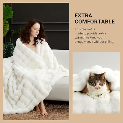 SAPHREAS Faux Fur Throw Blanket for Couch, Fluffy Fuzzy Bubble Blanket for Sofa Bed Living Room, Decor Soft Cozy Gifts for Women Men, 50x60” Cream White