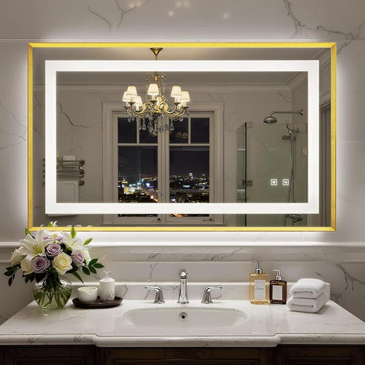 40X24 Inch LED Bathroom Mirror with Lights, Gold Frame Frontlit+ Backlit Bathroom Vanity Mirror for Wall, Ultra-Clear Tempered Glass, Shatter-Proof, Anti-Fog and Memory Function, ETL Listed