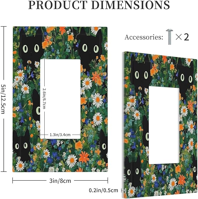 Boho Funny Black Cute Cats Daisy Wildflower Decorative Outlet Covers 1 Gang Single Rocker Light Switch Cover Plate Wall Plates Gfci Faceplate For Kids Room Bed Room Decor