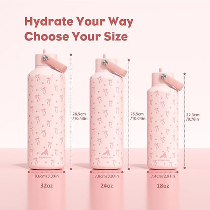 POWCAN 24 oz Insulated Water Bottle: Leakproof, Cup Holder Friendly, Cold for 24H, BPA-free, Top Handle, Double Walled Metal Water Bottle for Student, Girl, School, Camping, Daily (Sweetheart Bow)