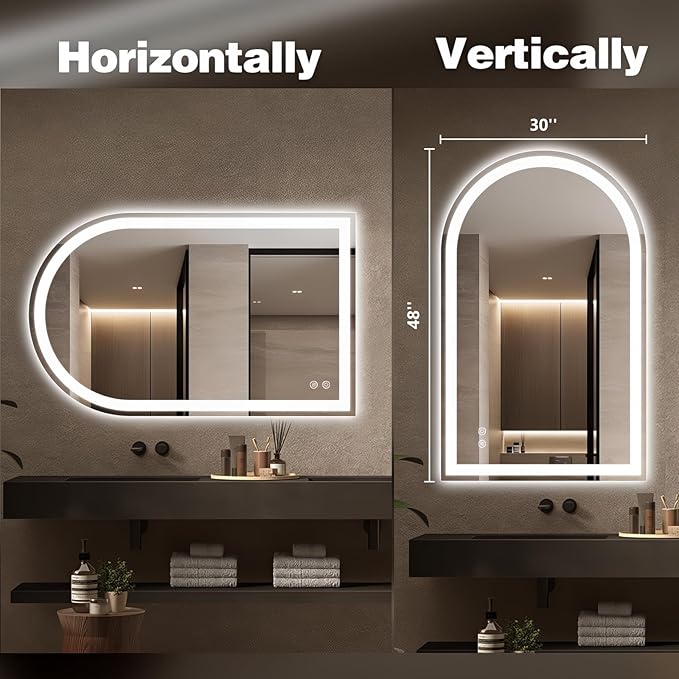 Niccy Arched LED Bathroom Mirror, 48x30 Arch Wall Mounted Frameless Bathroom Mirror for Vanity, Smart Lighted Frontlit Mirrors with Memory Function for Bathroom Bedroom Beauty Hair Salon