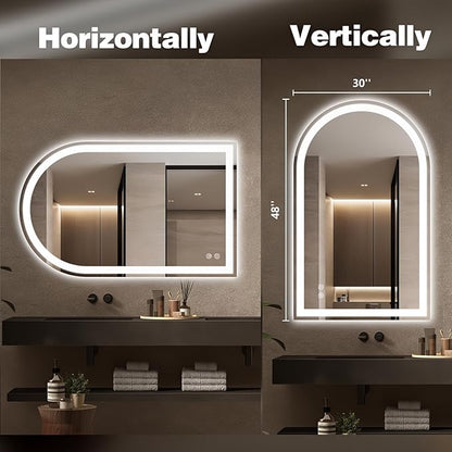 Niccy Arched LED Bathroom Mirror, 48x30 Arch Wall Mounted Frameless Bathroom Mirror for Vanity, Smart Lighted Frontlit Mirrors with Memory Function for Bathroom Bedroom Beauty Hair Salon