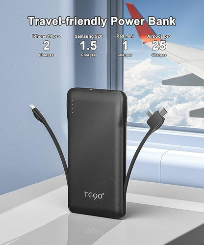 TG90° Portable Charger with Cords Only 10000mAh Power Bank with Built in Cables(No Plug) Battery Backup Cell Phone External Battery Pack Compatible with iPhone 17 16 15 14 13 12 Samsung Google iPad