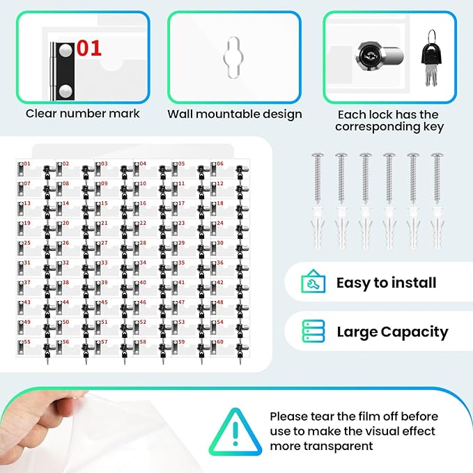 60 Slots Clear Acrylic Cell Phone Locker Box Wall-Mounted with Keys, Lockable Secure Storage Cabinet for Classroom Office Gym, Multi-Use Phone Lock Organizer for Employees Students (Small)