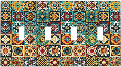 Light Switch Covers Mexican Talavera Colorful Mosaic Tiles Quad Toggle Electrical Faceplate 4 Gang Wall Plate Decorative Switch Plates For Bathroom Kitchen Decor