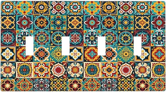Light Switch Covers Mexican Talavera Colorful Mosaic Tiles Quad Toggle Electrical Faceplate 4 Gang Wall Plate Decorative Switch Plates For Bathroom Kitchen Decor