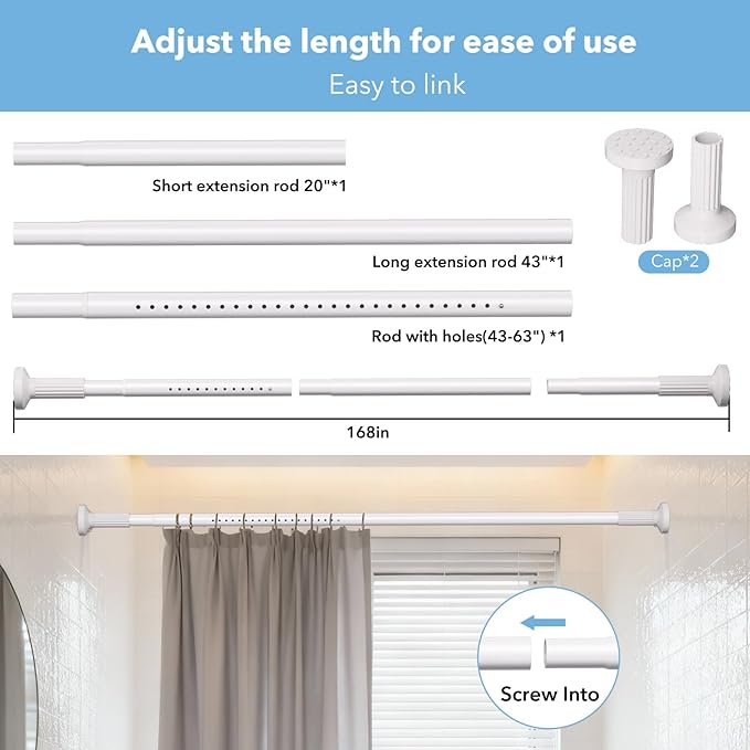 Tension Curtain Rod 51–168 In (4.25–14 ft),Extra Long Outdoor Curtain Rod for Window or Bathroom Patio,Easy to Install No Drilling Never Rust,Heavy Duty Adjustable Spring Shower Rod
