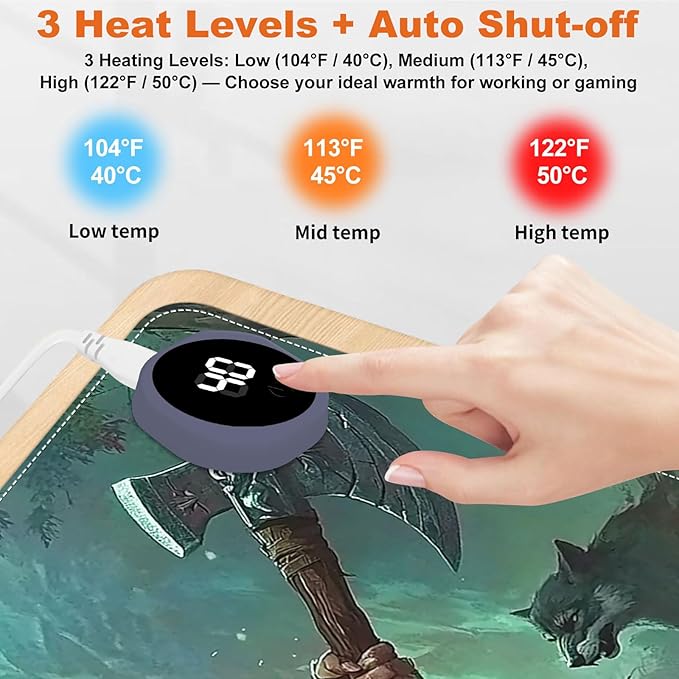 Small Heated Desk Pad 23.6" x 14.2" – Compact Electric Mouse Pad with 3 Heating Levels, Auto Shut-Off, Waterproof PU Surface, Plug-in Warmer for Office or Home Use, Wild Hunter