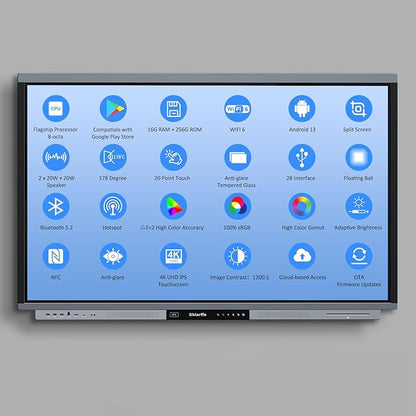 Shiarffe R9 Smart Board with Stand 4K Interactive Whiteboard EDLA-Certified All-in-One Touchscreen Digital Display Built-in 60W Speaker for Classrom Hybrid Work