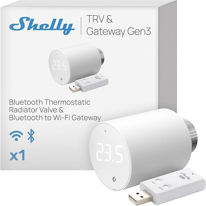 Shelly Blu TRV & Blu Gateway Gen3, Bluetooth-Operated Smart Thermostatic Valve, Smart Thermostatic Radiator Valve, Temperature Control, Home Automation, Compatible with Alexa, Google, Home Assistant