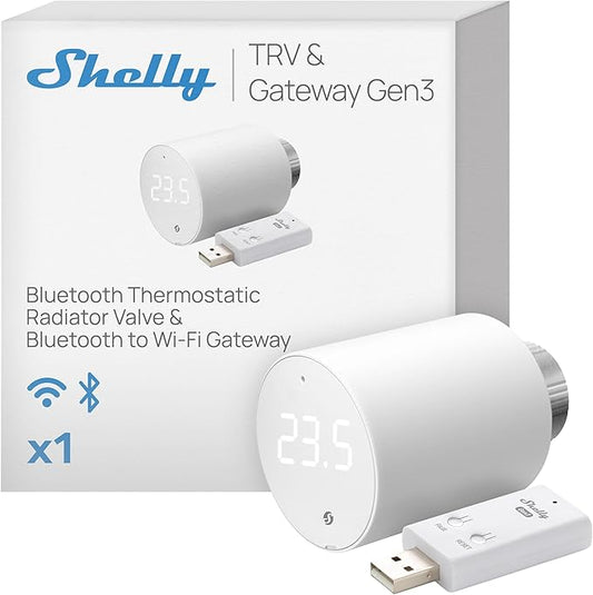 Shelly Blu TRV & Blu Gateway Gen3, Bluetooth-Operated Smart Thermostatic Valve, Smart Thermostatic Radiator Valve, Temperature Control, Home Automation, Compatible with Alexa, Google, Home Assistant