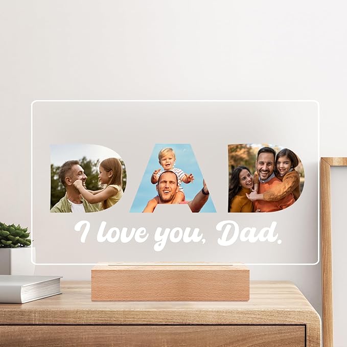 Custom Picture Frames with Photo, Custom Photo Frame with Night Light, Personalized Picture Frame, Personalized Valentines Day Gifts for Dad from Daughter & Son