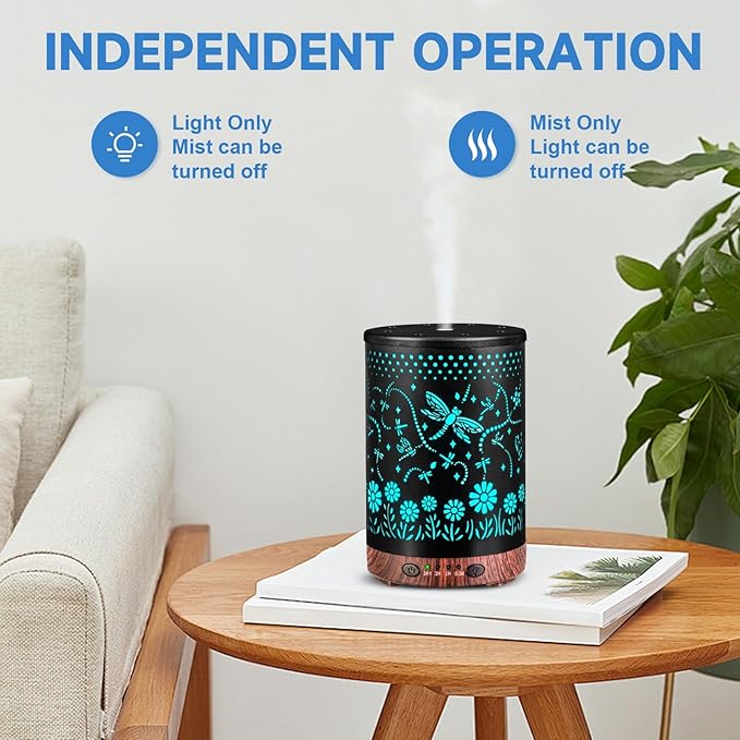 Essential Oil Diffuser 120ML Metal Aromatherapy Diffuser, Cool Mist Humidifier with Auto Shut-Off Protection 7 Color Lights for Home Office Spa (Dragonfly)