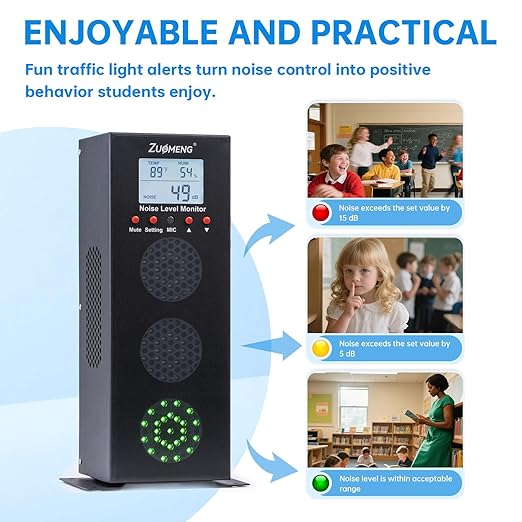 Noise Detector with Traffic Light Alert & Adjustable dB Threshold & Volume, Temp & Humidity Display, for Classroom Noise Control, Fun Interaction for Easy Noise Management
