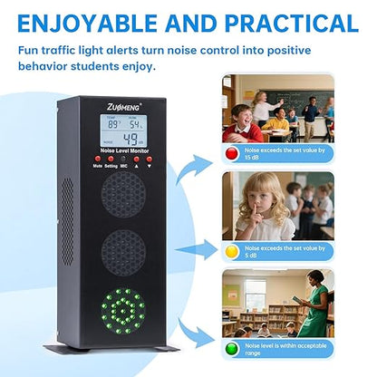 Noise Detector with Traffic Light Alert & Adjustable dB Threshold & Volume, Temp & Humidity Display, for Classroom Noise Control, Fun Interaction for Easy Noise Management