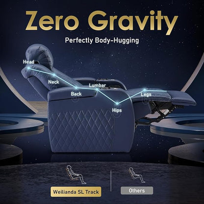 Weilianda Home Theater Seating Top Grain Leather Zero Gravity Recliner Chair Power Headrest Recline Movie Seat Gaming 7 Colors Mood Light Sofa with Tray Table USB Charge Row of 3 Blue