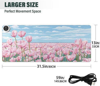 Heated Desk Pad Mouse Pad 31.5x13 Inch PU Leather Desk Mat with 3 Heat Levels Large Mouse Gaming Computer Laptop Mat Pink Tulip Field and Blue Sky