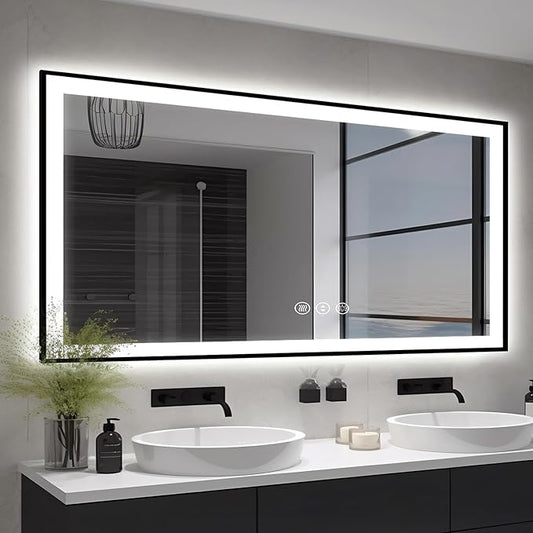 60x30 Large LED Bathroom Vanity Mirror -Black Aluminum Framed (Front and Backlit),Anti-Fog Illuminated Bathroom Mirror,Stepless 3 Colors Dimmable LED Smart Mirror(Horizontal/Vertical)
