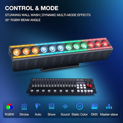 LED Stage Wash Light Bar: Dual-Row Pixel LED Strips Flanked with RGBW Beam - 60W 4IN1 RGBW Color Changing - DMX Control by DJ Party Planner - Uplights for Wedding Christmas Music Show Band - 2 Pack