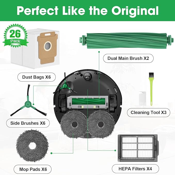 Roomba 405 Combo Accessories Replacement Parts for iRobot Roomba Plus 405/505 / 507 Combo Kit Accessory Set, 2 Roller Main Brushes, 6 vacuum Dust Bags 6 Mop Pads 4 Hepa Filters 6 Side Brushes