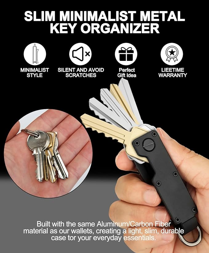 Mens Key Organizer - Compact Metallic Key Holder | Minimalist Innovative Keyholder | Smart Keychain Secures 1-5 Keys