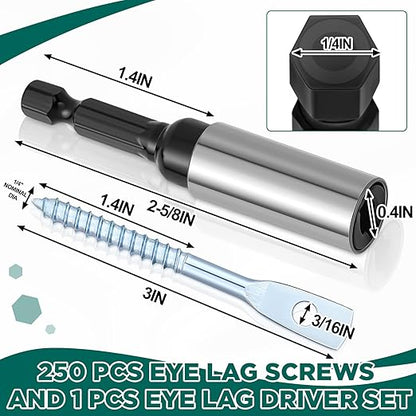 250 Pcs Eye Lag Screws and 1 Pcs Driver Set, 1/4 Inch x 3 Inch Eye Lag Wood Screws Zinc Plated 2-5/8 Inch Quick Install Bit Kit for Use with Attaching Hanger Wire to Ceiling Joists