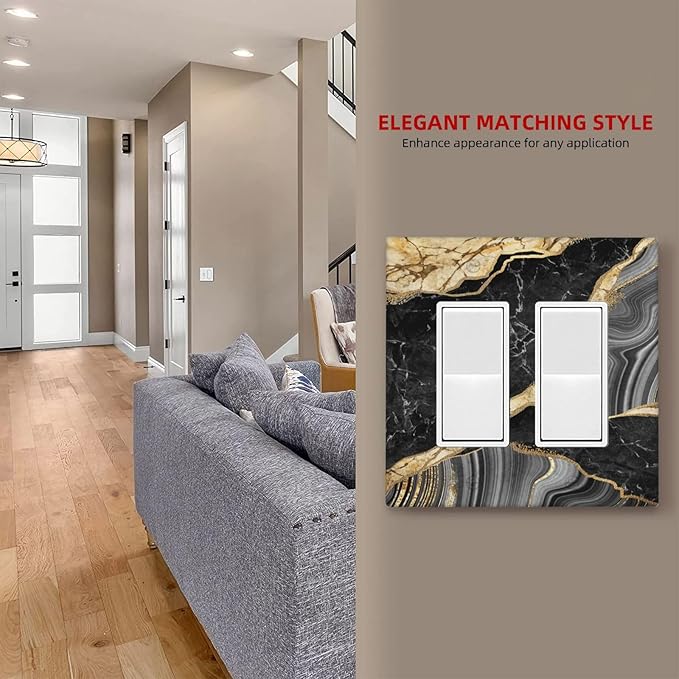 Decorative Outlet Covers Modern Abstract Black Gold Marble 2 Gang Light Switch Cover Plate Double Rocker Wall Plate Switch Plate Covers Faceplate for Bathroom Kitchen Decor （2 Pack）