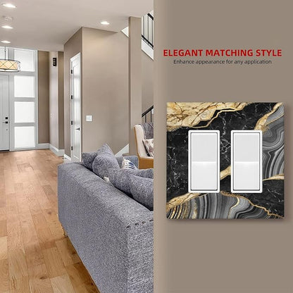 Decorative Outlet Covers Modern Abstract Black Gold Marble 2 Gang Light Switch Cover Plate Double Rocker Wall Plate Switch Plate Covers Faceplate for Bathroom Kitchen Decor （2 Pack）