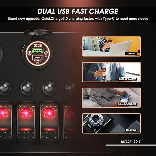 MKING 6 Gang Marine Switch Panel - Waterproof Rocker Switches with USB & Type-C Charger, Circuit Breaker, Digital Voltmeter, and Power Socket, Compatible with 12V-24V Vehicles
