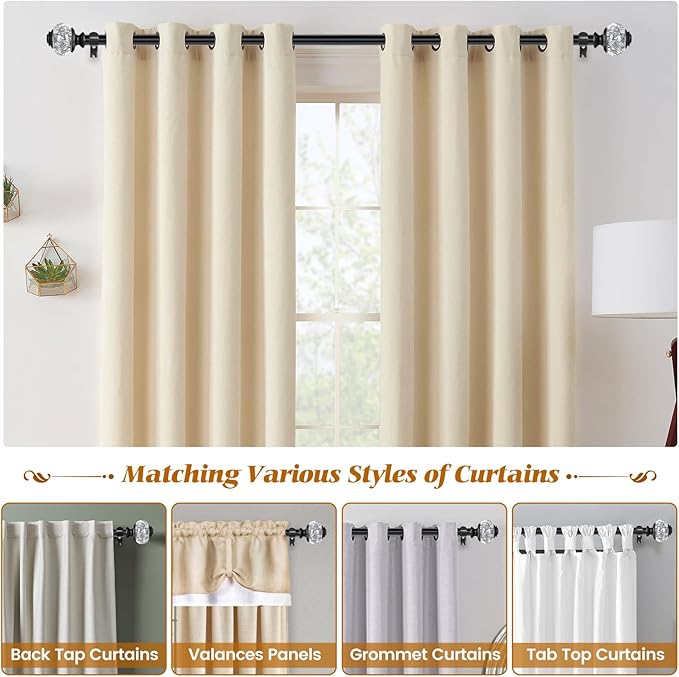2 Pack Black Curtain Rods, 1 Inch Telescoping Drapery Rod 28 to 48 inch (2.3 to 4 ft), USFOOK Curtain Rods for Windows, Silver Translucent Finials