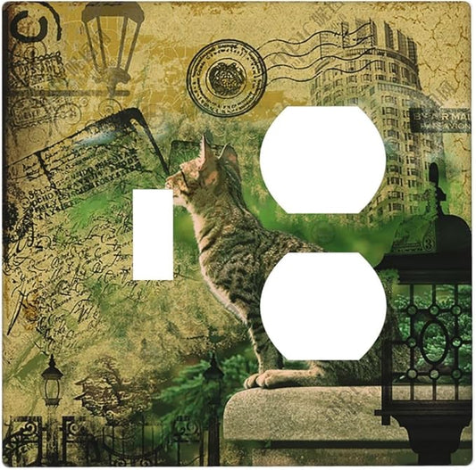 Outlet Covers Vintage Style Cat City Stamp 1 Toggle 1 Duplex Switch Plate Covers Electrical Light Switch Cover Plate Decorative Wall Plate Socket Cover for Bedroom Home Decor