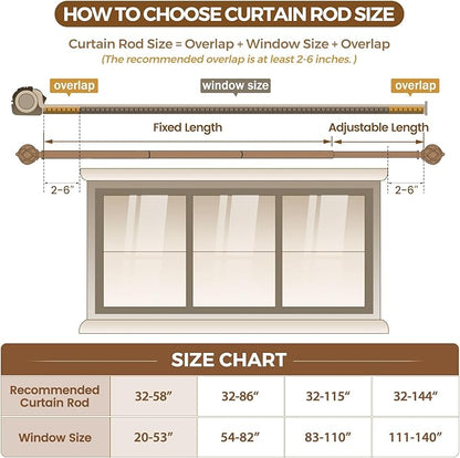 KAMANINA Bronze Curtain Rod 32 to 58 Inch(2.6-4.8ft), Adjustable Curtain Rods for Windows 28 to 48 Inch, 3/4 Inch Splicing Drapery Rods with Twisted Cage Finial