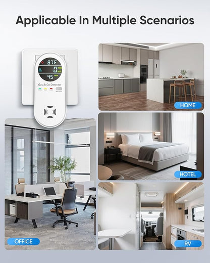 Carbon Monoxide Detectors & Natural Gas Detector, 4-in-1 Carbon Monoxide Detectors Plug in, Gas Leak Detector with Dual Alarms, Temperature & Humidity Sensor for Home, RV Essentials, White, 1 Pack