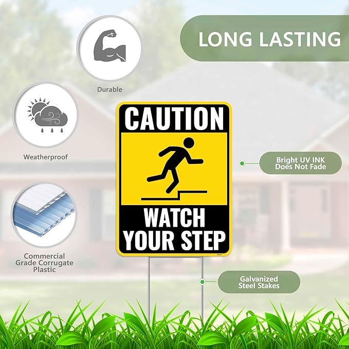 2PC Watch Your Step Sign with Metal Stakes, 12 Inches by 9 Inches - Corrugated Plastic - Caution Please Watch Your Step Sign Outdoor