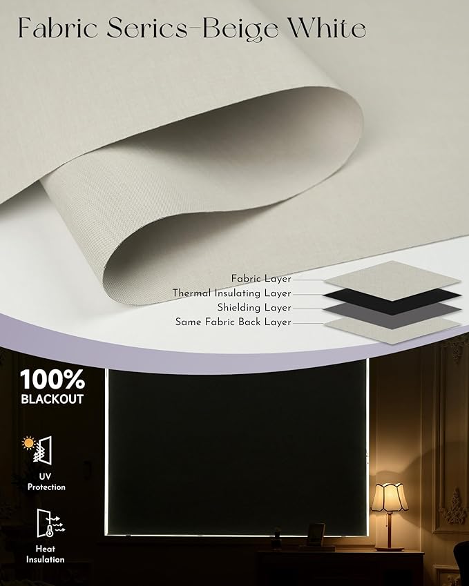 Graywind Smart Blackout Roller Shades Compatible with Alexa Google WiFi Hardwired Triple Weaved Fabric Motorized Blinds Remote Window Shades, Custom Size (Beige White)