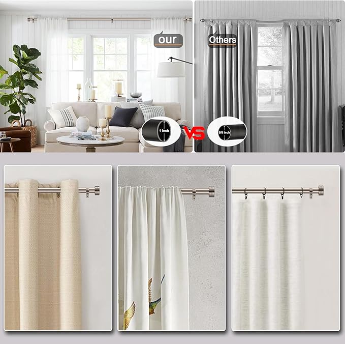 Brushed Nickel Curtain Rod for Windows 18 to 45 Inches, 1 Inch Adjustable Drapery Pole, Heavy Duty Outdoor/Indoor Modern Curtain Rods, Easy Installation(Satin Nickel 18"-45")