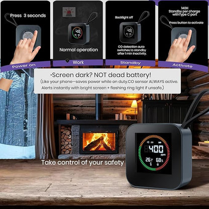 3-in-1 Portable Carbon Monoxide Detector for Travel – UL-Compliant CO Alarm with Temperature and Humidity Monitor, USB-C Rechargeable for RV, Hotel, Camping (1, Gray)