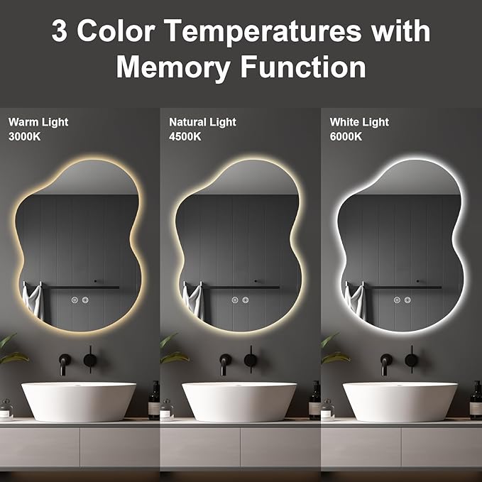 30"x22" Irregular LED Bathroom Mirror with Front & Backlight, Anti-Fog, Dimmable, 3 Color Modes, Wall-Mounted [Horizontal/Vertical]