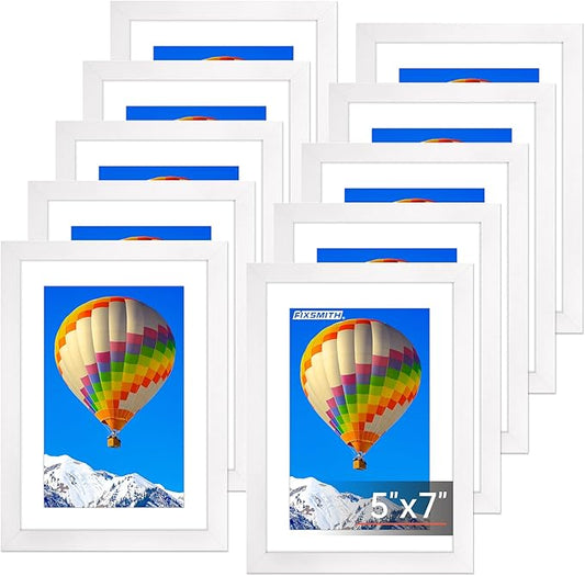 FIXSMITH 5x7 Picture Frame Set of 10, White Photo Frames Bulk with HD Plexiglass, Display Pictures 4x6 with Mat or 5x7 Without Mat, Multi Picture Frames Collage for Tabletop or Wall Display