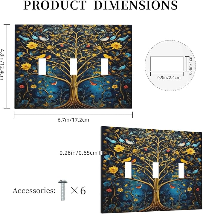 Gold Tree With Birds Flowers on Branches Light Switch Covers 3 Gang Triple Toggle Wall Plate Decorative Switchplate Electrical Faceplate for Farmhouse Living Decor