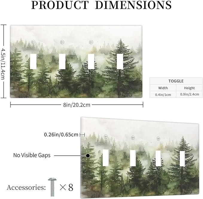 Light Switch Covers Green Forest Watercolor Painting Foggy Pine Quad Toggle Electrical Faceplate 4 Gang Wall Plate Decorative Switch Plates for Bedroom living Room Decor