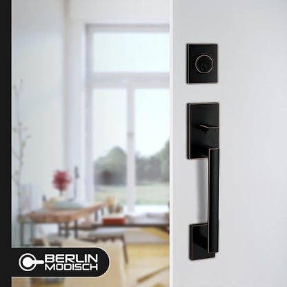 Berlin Modisch HandleSet Front Door Entry Handle and Deadbolt Lock Set Slim Square Single Cylinder Deadbolt and Lever Reversible for Right & Left Sided Doors Heavy Duty – Oil Rubbed Bronze
