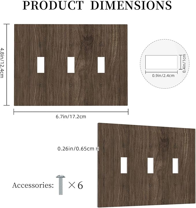Decorative Light Switch Cover Plate Rustic Walnut Wood Grain 3 Gang Wall Plate Triple Toggle Switch Plate Covers Electrical Outlet Cover for Farmhouse Cabin Decor