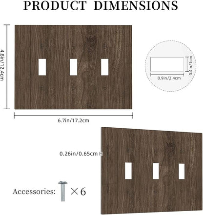 Decorative Light Switch Cover Plate Rustic Walnut Wood Grain 3 Gang Wall Plate Triple Toggle Switch Plate Covers Electrical Outlet Cover for Farmhouse Cabin Decor