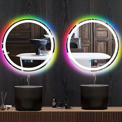 THEKLA 20 Inch Bathroom Round Led Mirror with Lights 3Color + RGB Colorful Changing Backlit Circle Round Lighted Vanity Mirror with Lights for Bathroom Wall Dimmable Anti Fog Round Circle Smart Mirror